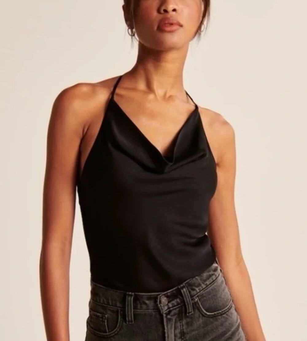 Abercrombie Satin Cowl Neck Bodysuit Size Small Black Minimal Elegant Going Out